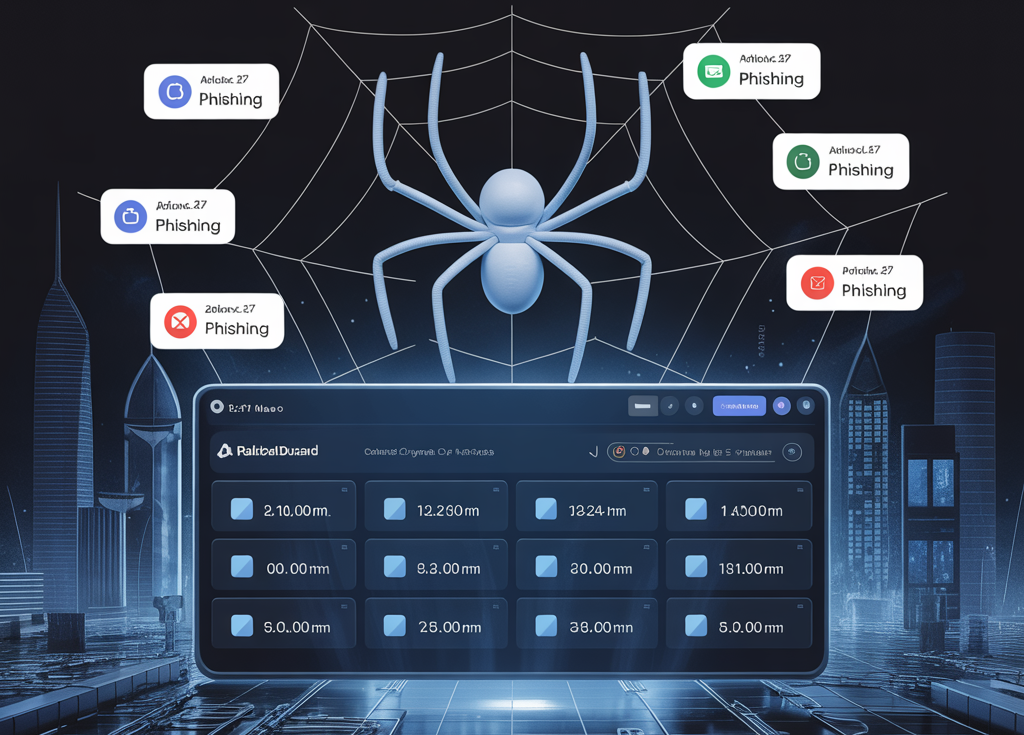 Digital illustration depicting a white spider centered on a stylized web, symbolizing a security threat or trap. Several notification boxes labeled 'Phishing' are caught in the web. Below the spider, a dark, futuristic-looking interface (possibly a data dashboard or control panel) displays many grid-like numerical data points, all set against a dark blue background with an illuminated city skyline.